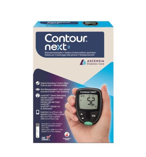 Contour Next bloedglucosemeter startpakket in doos met glucosemeter, teststrips en prikapparaat voor diabetesmeting