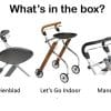 Overzicht van de Let’s Go Indoor binnenrollator met dienblad en mandje op witte achtergrond.