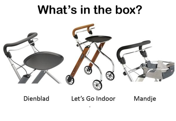 Overzicht van de Let’s Go Indoor binnenrollator met dienblad en mandje op witte achtergrond.