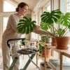 Persoon gebruikt de groene Let's Go Indoor binnenrollator met dienblad terwijl ze planten verzorgt bij een raam.