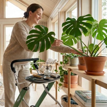 Persoon gebruikt de groene Let's Go Indoor binnenrollator met dienblad terwijl ze planten verzorgt bij een raam.