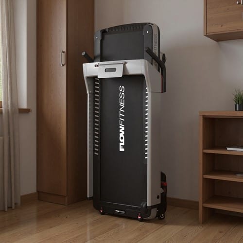 Loopband DTM400i van het merk Flow Fitness, ingeklapt in een sfeerimpressie.