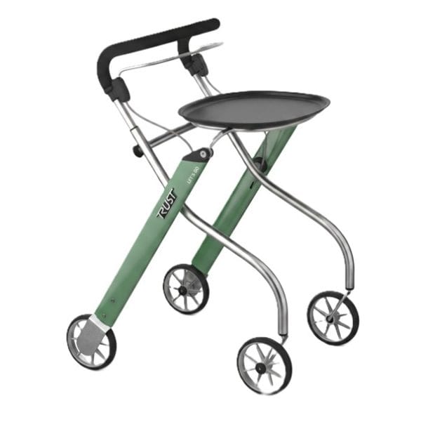 Groene TrustCare Let's Go Indoor binnenrollator met zwart dienblad en vier wielen op witte achtergrond