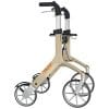 Beige lichtgewicht rollator Let’s Fly met vier grote wielen en opgevouwen frame op witte achtergrond