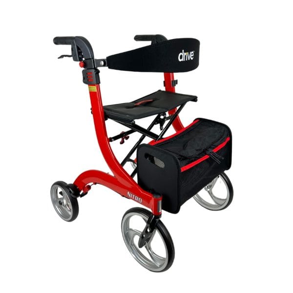 Drive Rollator Nitro met zachte wielen in rood, met zitting, rugband en tas voor veilig lopen binnen en buiten