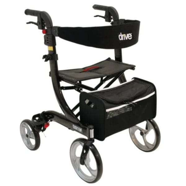 Drive Nitro rollator zwart met zachte banden, zitting, rugband en opbergtas voor comfortabel gebruik binnen en buiten