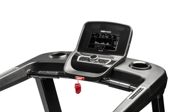 Loopband T2i van het merk Flow Fitness geschikt tot 180 kg. Copmuter ingezoomd