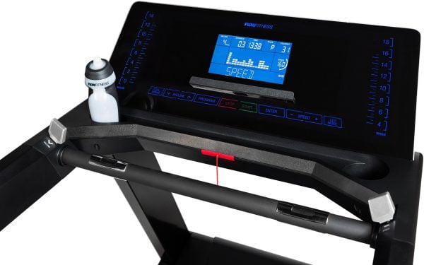Flow Fitness loopband T3i kan tot een gewicht van 200 kg. Ingezoomd band computerscherm
