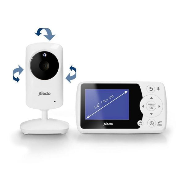 Babyfoon Alecto met camera en 2,4 inch scherm type DVM-69 uit te breiden tot 4 camera's ideaal voor meerdere kinderkamers of speelkamer. Afmeting van scherm is hierop zichtbaar