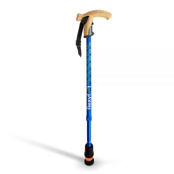 wandelstok met kruk derby handvat en speciale flexy dop met flexibele onderkant in blauw