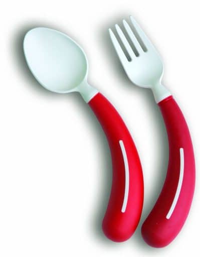 lepel_bestek_gebogen_rechtshandig_thuiszorgwinkel.nl_rood met vork Henro-Grip® Bestek - lepel en vork kleur rood