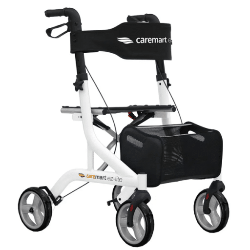rollator_caremart_wit_thuiszorgwinkel.nl Rollator Excel Caremart EZ in drie kleuren. compleeet met rugsteun en boodschappentas, dit is de kleur Wit