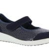 Donkerblauwe Varomed Sevilla ballerina met klittenbandsluiting, brede pasvorm en witte zool