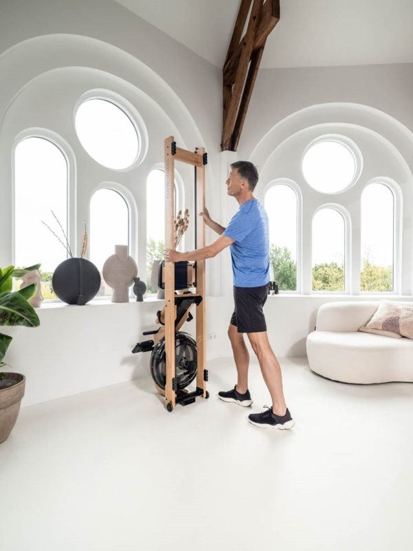 Flow Fitness roeitrainer Perform W9i Oak die als beste getest is door kieskeurig.nl. Ingeklapt