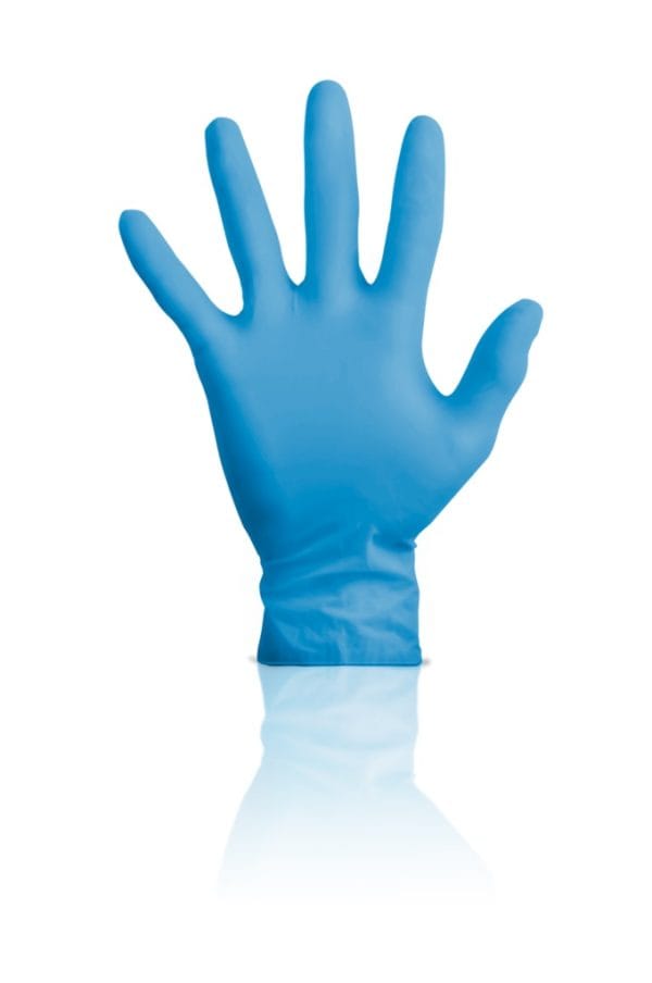 Blauwe Klinion nitril onderzoekshandschoen Sensitive Soft, poedervrij en latexvrij voor medische onderzoeken.