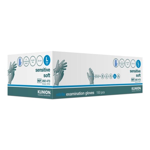 Onderzoekshandschoen Klinion nitrile Sensitive Soft blauw maat L, poedervrije wegwerphandschoenen in doos van 150 stuks.