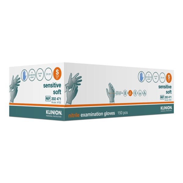 Onderzoekshandschoen Klinion Nitrile Sensitive Soft blauw maat S, poedervrije nitril onderzoekshandschoenen in doos van 150 stuks.