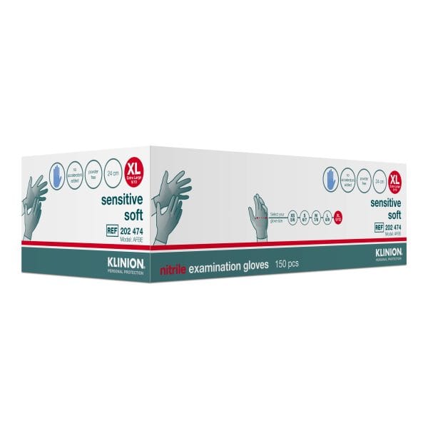 Onderzoekshandschoen Klinion nitrile sensitive soft blauw maat XL, poedervrij, latexvrij, doos met 150 stuks.