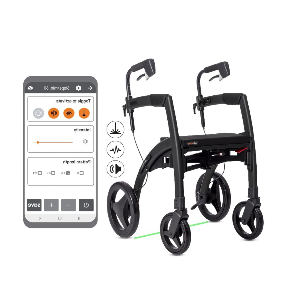 Rollz Rhythm Parkinson rollator met groene lasersirkel en app-bediening voor auditieve, visuele en trilprikkels tegen freezing.