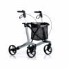 Lichtgewicht rollator Gemino 20 in grijs met zwart zitje, mand en vier wielen voor veilig lopen en rustmomenten
