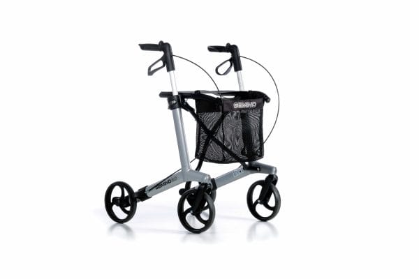 Lichtgewicht rollator Gemino 20 in grijs met zwart zitje, mand en vier wielen voor veilig lopen en rustmomenten