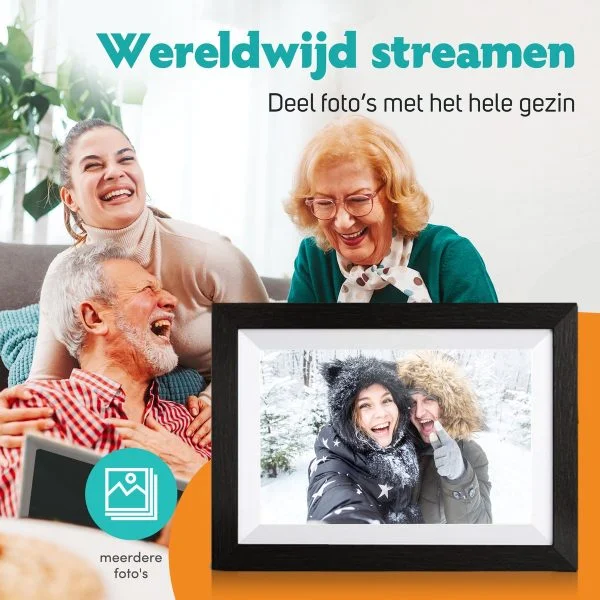 Digitaal fotolijst van het merk Puro & Co verkrijgbaar in 3 maten en diverse kleuren. Dit is zwart met wit venster. Gratis app