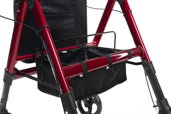 Goliat Atro rollator met armschalen voor gewicht tot 200 kg in de kleur rood in hoogte verstelbare zitting met daaronder een boodschappentas