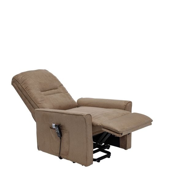 Clever sta-opstoel met 2-motoren is een heerlijke relaxstoel in kleur zand, grijs en bruin in ligstaand