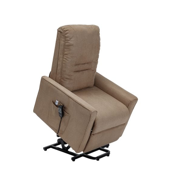 Clever sta-opstoel met 2-motoren is een heerlijke relaxstoel in kleur zand, grijs en bruin in sta-op stand