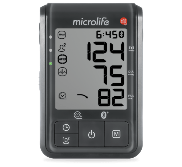Microlife bloeddrukmeter BP B6 Connect BT die uitgerust is met alle denkbare functies en koppeling naar de smartphone of pc. Bekeken van voorzijde