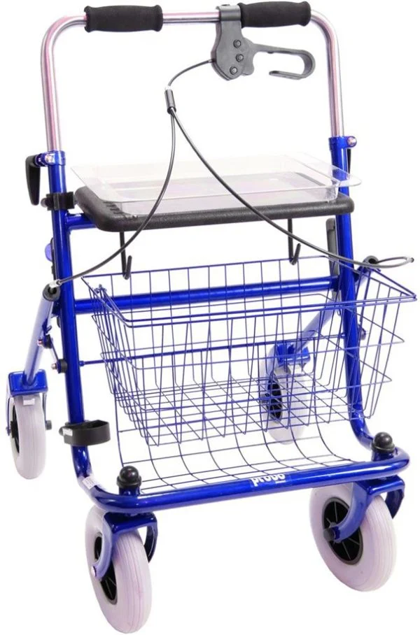 Rollator met duwbeugel en eenzijdige rem in kleur blauw linker rem