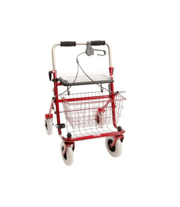Rollator met duwbeugel en eenzijdige rem in kleur rood, links