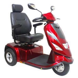 Rode 3-wiel scootmobiel Drive Bluster ST6D met comfortabele stoel en armleuningen voor stabiel en comfortabel buitengebruik