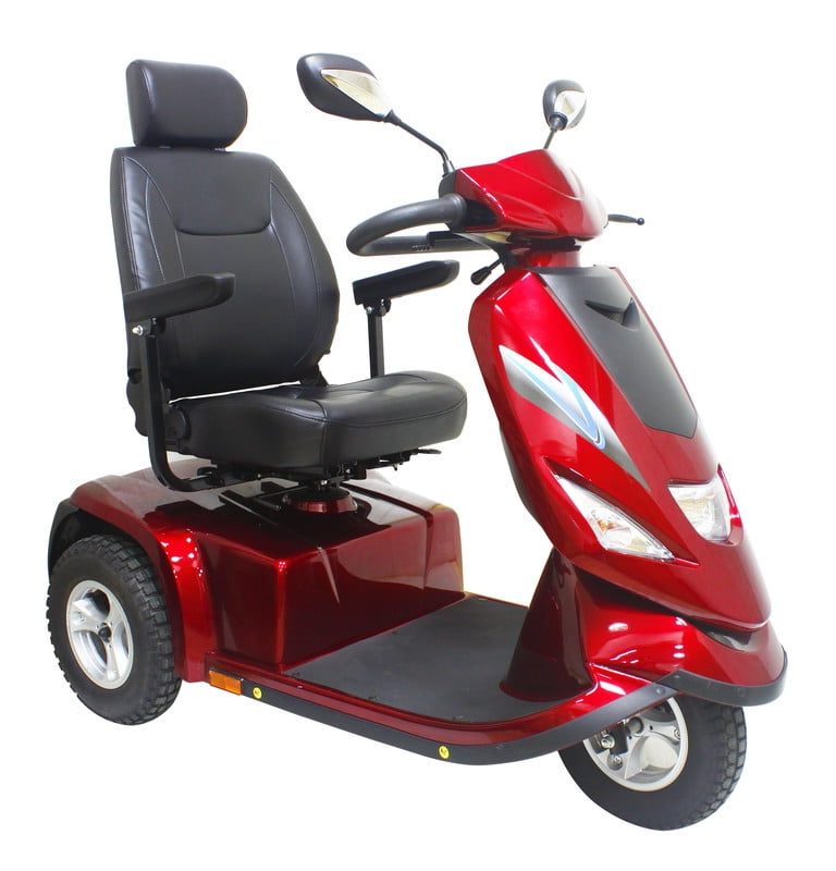 Rode 3-wiel scootmobiel Drive Bluster ST6D met comfortabele stoel en armleuningen voor stabiel en comfortabel buitengebruik