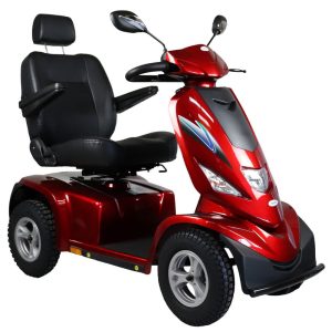 Rode Scootmobiel Drive Bluster ST6D, 4-wiel, luxe verstelbare stoel met armleuningen en grote luchtbanden voor stabiel rijcomfort.