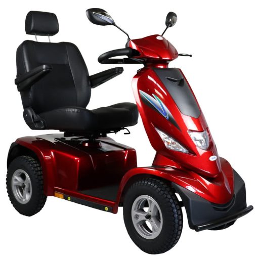 Rode Scootmobiel Drive Bluster ST6D, 4-wiel, luxe verstelbare stoel met armleuningen en grote luchtbanden voor stabiel rijcomfort.