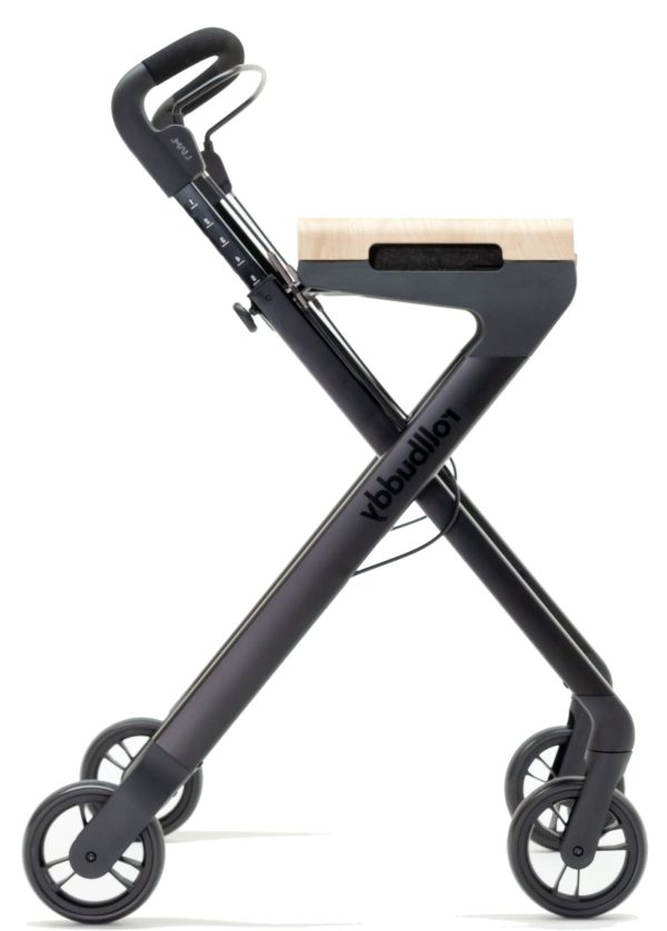 Rollator Rollbuddy met omgekeerd remsysteem, ijzersterk lichtgewicht model in matzwarte kleur, zijaanzicht op witte achtergrond.