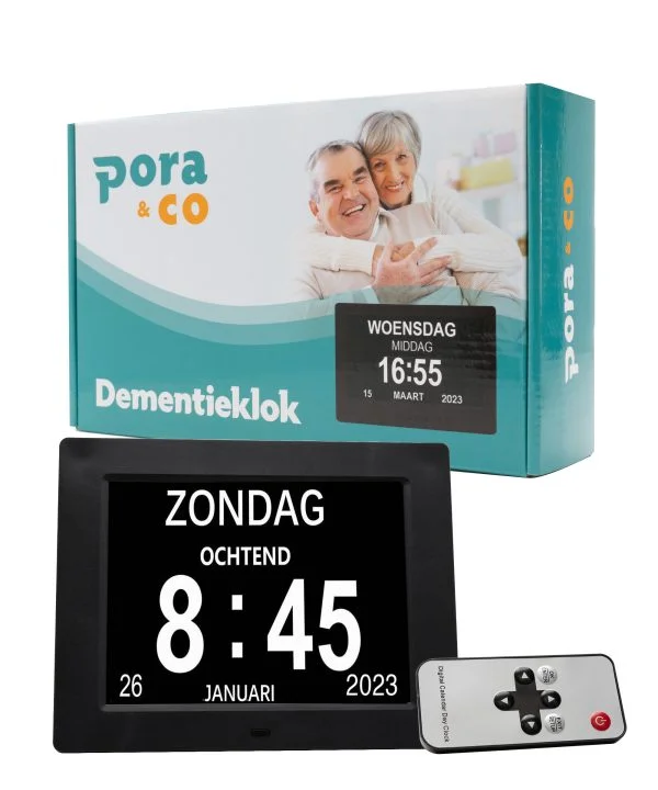 Deze dementieklok is speciaal ontworpen om in één oogopslag belangrijke informatie weer te geven, zoals de tijd, de dag, welk dagdeel het is en de datum.