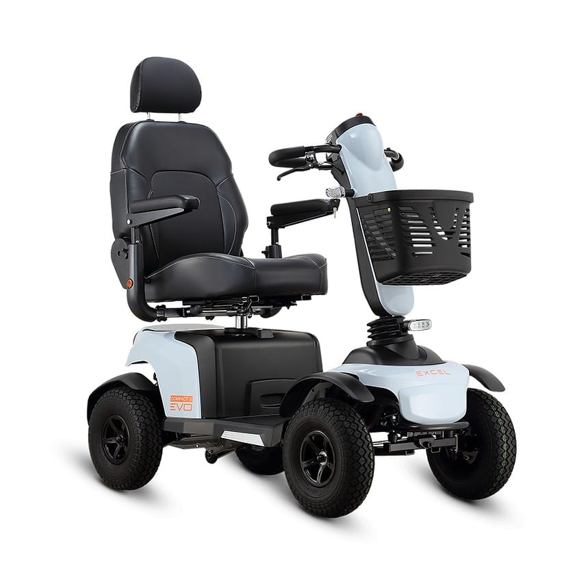 Scootmobiel Excel Galaxy Compact II EVO in de kleur lichtblauw. Dit is de zijzijde.