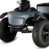 Scootmobiel Excel Galaxy Compact II EVO in de kleur donkergrijs. Dit is voorzijde waar de wielen zichtbaar zijn.