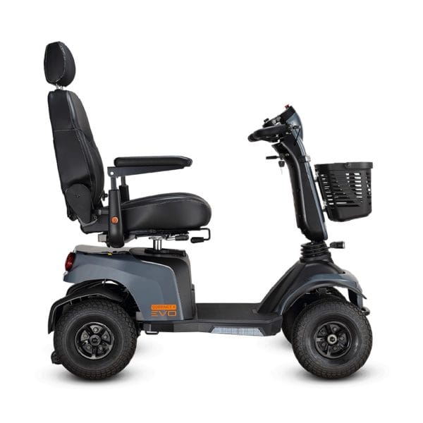 Scootmobiel Excel Galaxy Compact II EVO in de kleur donkergrijs. Dit is de zijzijde.