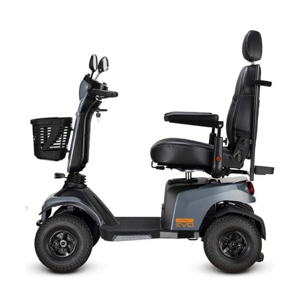Scootmobiel Excel Galaxy Compact II EVO in de kleur donkergrijs. Dit is de zijzijde.