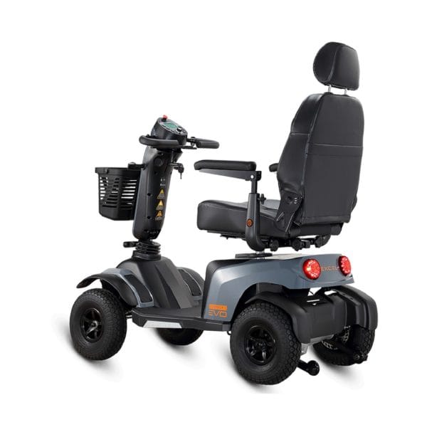 Scootmobiel Excel Galaxy Compact II EVO in de kleur donkergrijs. Dit is de zijzijde.