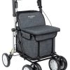 Grijze Carlett Lett900 rollator en boodschappentrolley met grote tas, vier wielen en zitting om onderweg te kunnen rusten.