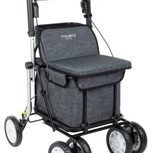 Grijze Carlett Lett900 rollator en boodschappentrolley met grote tas, vier wielen en zitting om onderweg te kunnen rusten.