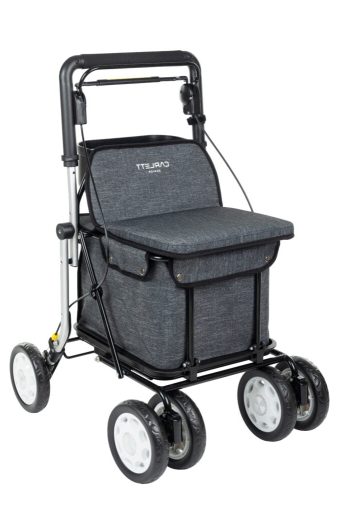 Carlett Lett900 rollator en boodschappentrolley grijs Grijze Carlett Lett900 rollator en boodschappentrolley met grote tas, vier wielen en zitting om onderweg te kunnen rusten.