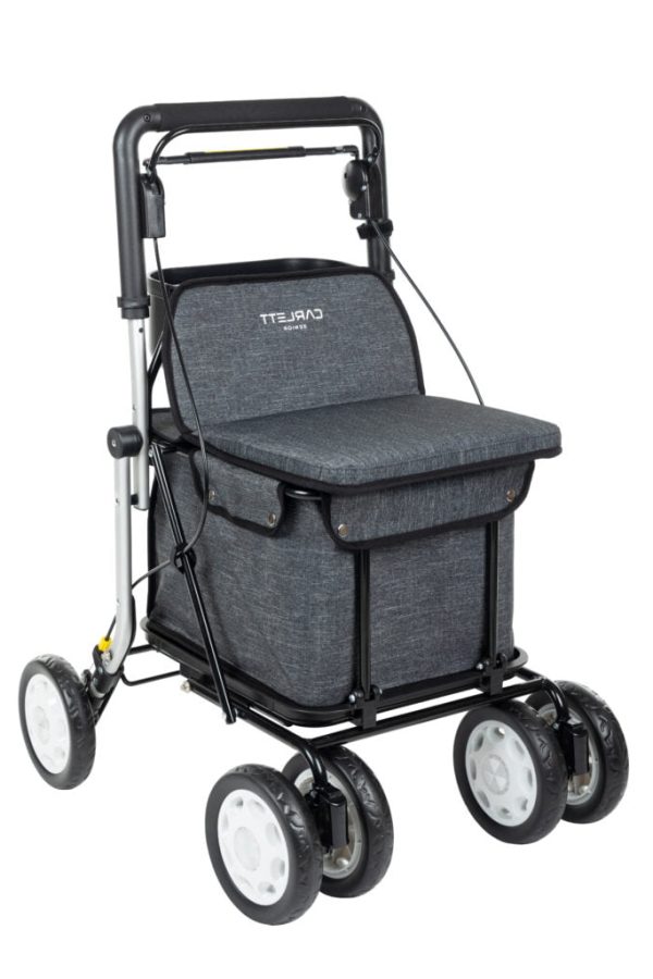 Grijze Carlett Lett900 rollator en boodschappentrolley met grote tas, vier wielen en zitting om onderweg te kunnen rusten.