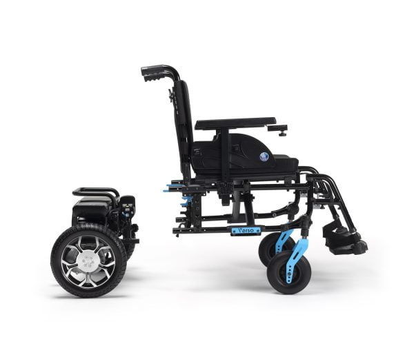 elektrische rolstoel Verso met afneembare accu zodat zeer licht om mee te nemen. Verkrijgbaar in diverse kleuren en afgestemd op uw wensen. detail afkoppelen accu