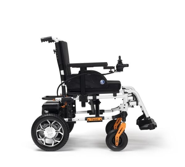 elektrische rolstoel Verso met afneembare accu zodat zeer licht om mee te nemen. Verkrijgbaar in diverse kleuren en afgestemd op uw wensen. in kleur oranje