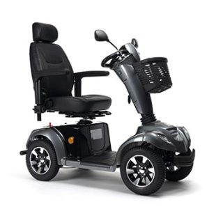Vermeiren scootmobiel Carpo 4D antracietgrijs met draaibare, verstelbare luxe stoel en mand voorop.
